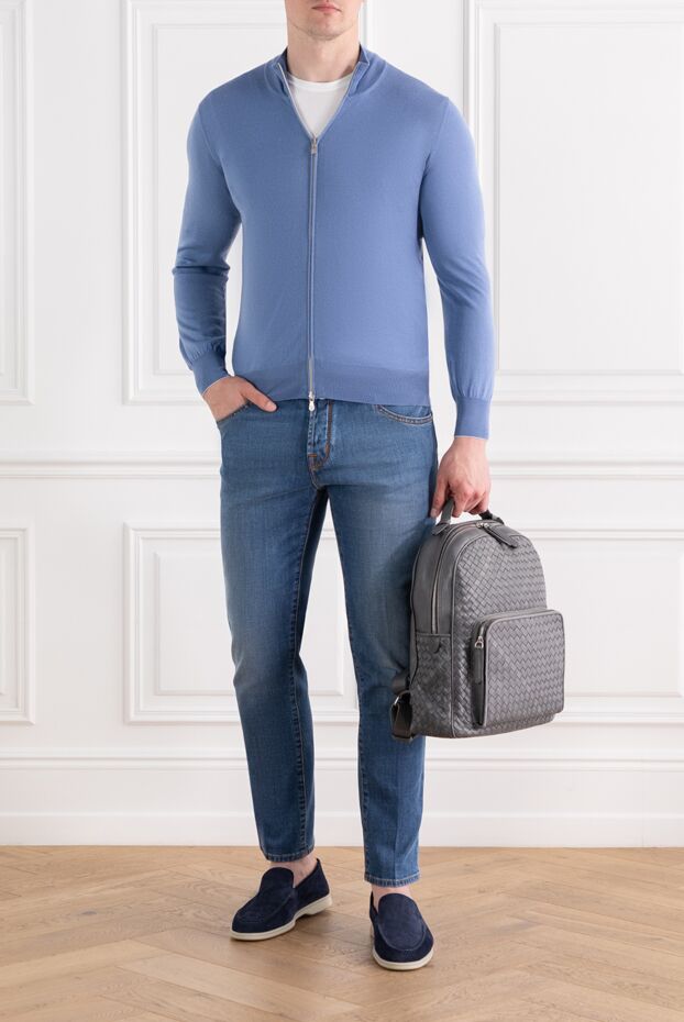 Brunello Cucinelli men's knitted cardigan in blue with a zipper made of cashmere 188760 - photo 2