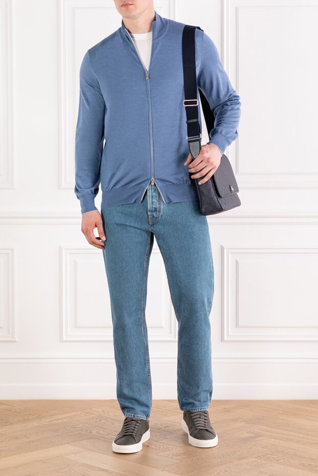 Brunello Cucinelli кардиган мужской трикотажный голубого цвета на молнии из кашемира и шелка 188761 - фото 2
