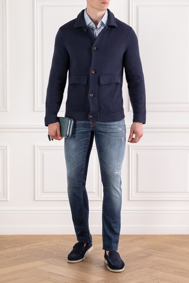 Brunello Cucinelli кардиган мужской трикотажный синий на молнии из хлопка 188776 - фото 2