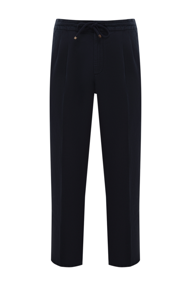 Brunello Cucinelli men's navy blue linen cotton drawstring trousers with pleats 188794 - photo 1