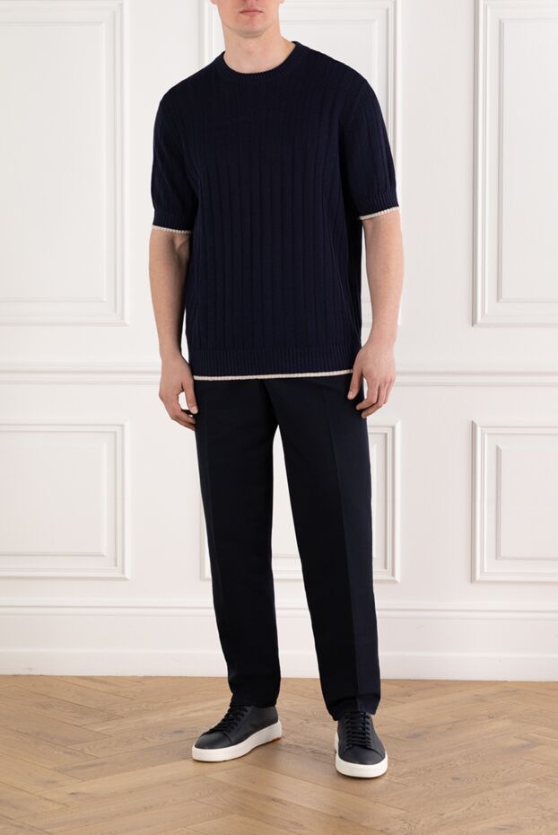 Brunello Cucinelli men's navy blue linen cotton drawstring trousers with pleats 188794 - photo 2