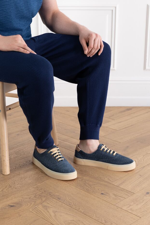 Brunello Cucinelli blue canvas sneakers with contrast soles 188845 - photo 2