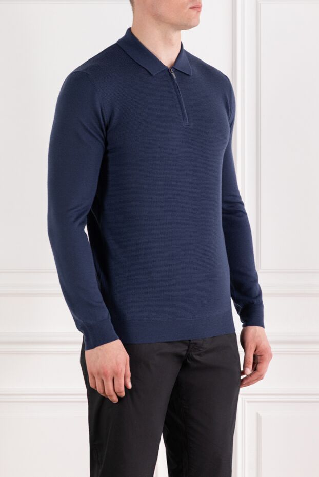 Corneliani knitted wool polo shirt with long sleeves blue zipper 189197 - photo 3