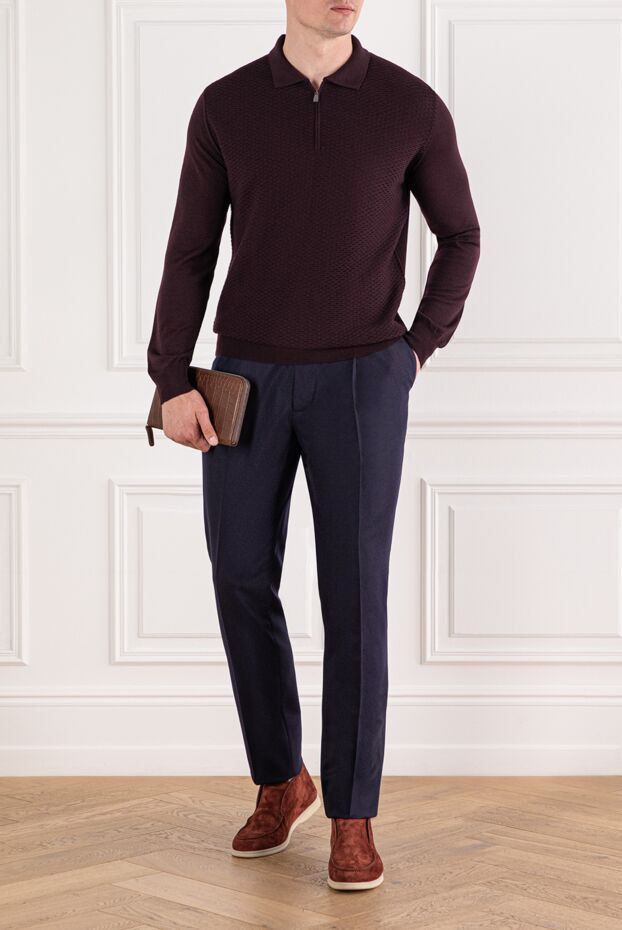 Corneliani long sleeve polo shirt in wool with textured texture and zipper burgundy 189198 - photo 2