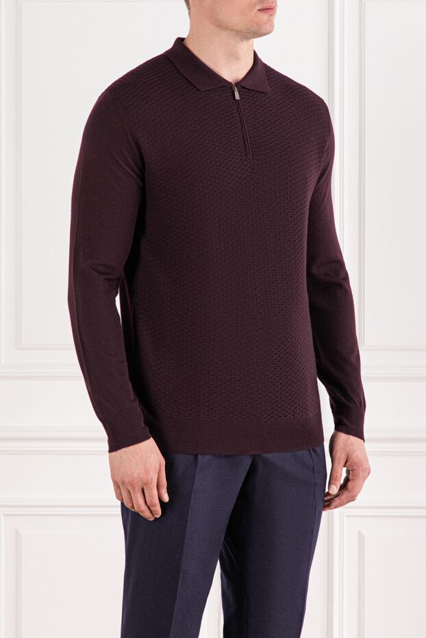 Corneliani long sleeve polo shirt in wool with textured texture and zipper burgundy 189198 - photo 3
