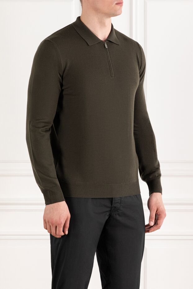Corneliani men's long-sleeved knit polo shirt in a noble olive shade 189210 - photo 2