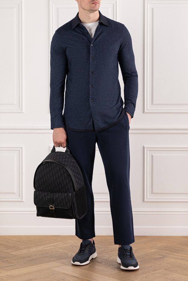 Brioni тёмно-синяя рубашка из кашемира и хлопка с контрастным воротником 190004 - фото 2