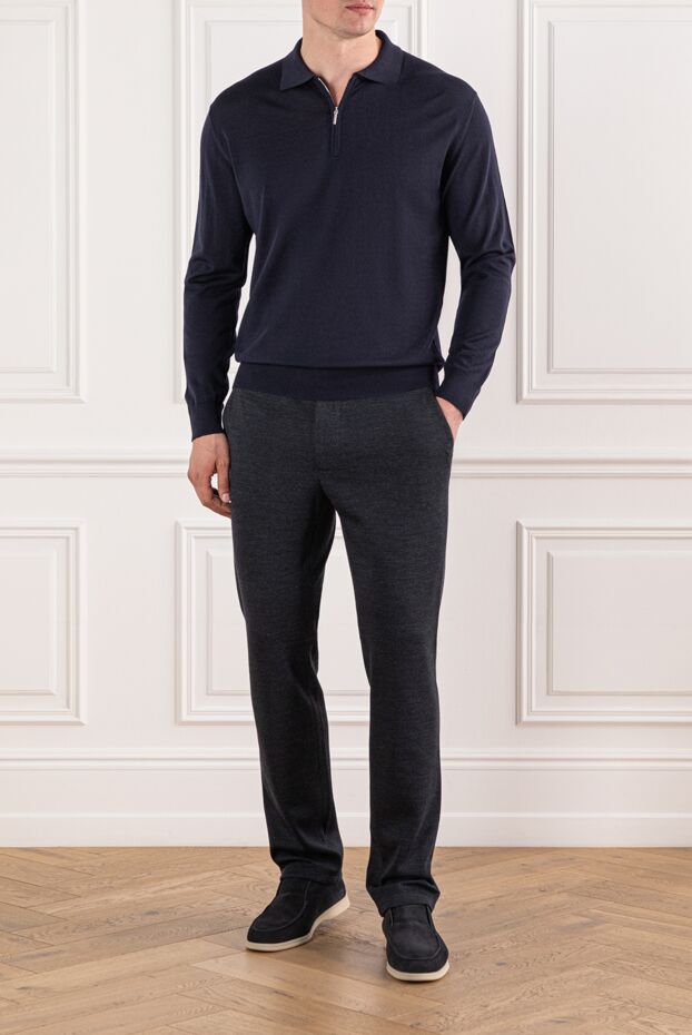 Cesare di Napoli men's deep blue wool polo shirt with zip 190403 - photo 2