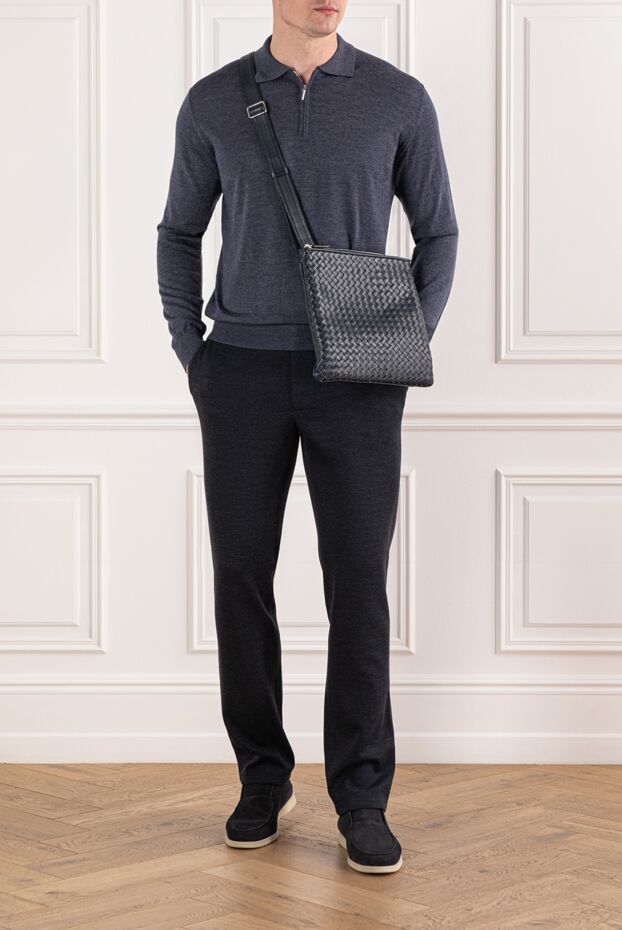 Cesare di Napoli men's soft wool polo shirt in blue-gray shade with long sleeves 190406 - photo 2