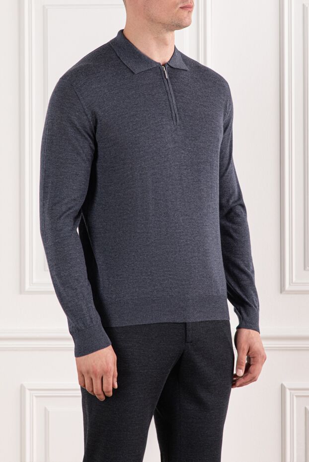 Cesare di Napoli men's soft wool polo shirt in blue-gray shade with long sleeves 190406 - photo 3
