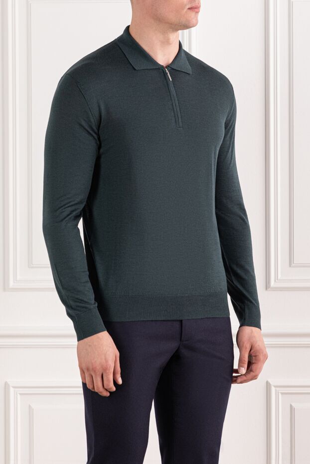 Cesare di Napoli dark green wool polo shirt with long sleeves and zip collar 190414 - photo 3