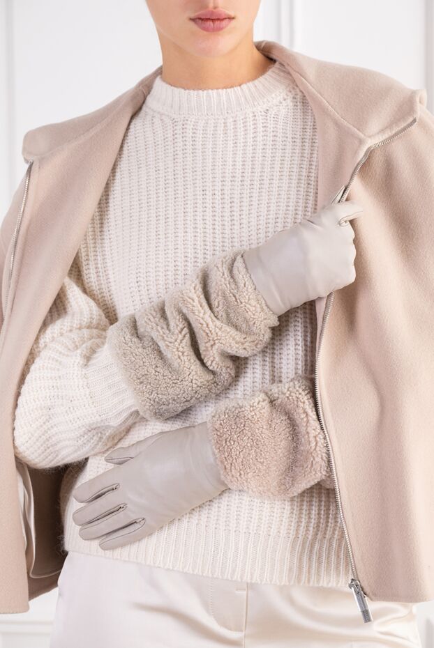 Brunello Cucinelli әйелдердің ұзын былғары қолғаптары түкті манжеттер, бежевый
 190820 - фото 2