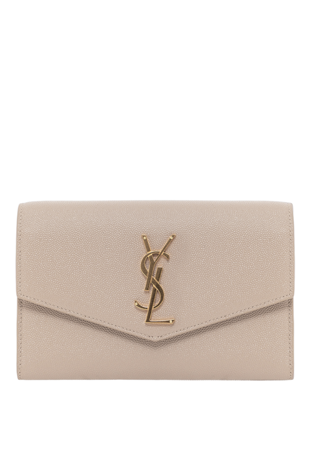 Saint Laurent клатч uptown chaine из тисненой кожи на цепочке бежевый 190912 - фото 1