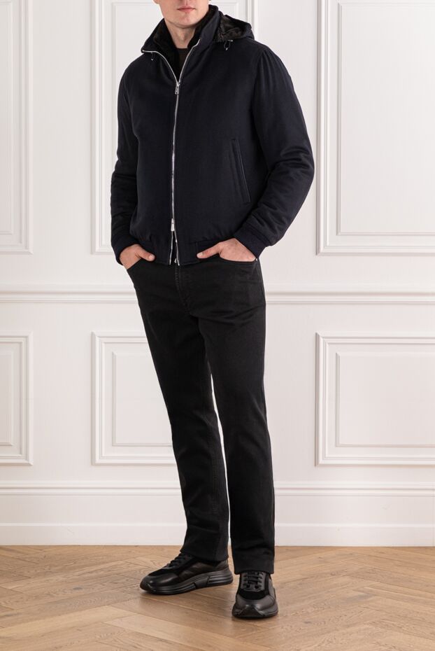 Lenoci navy blue wool and cashmere bomber jacket with fur lining
 191150 - photo 2