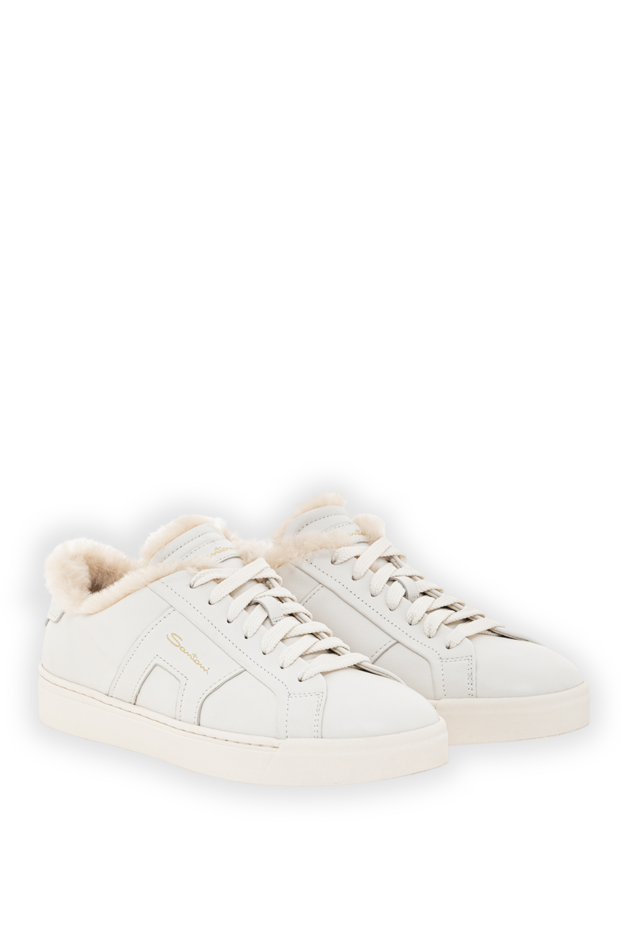 Santoni women's white double buckle sneakers in tumbled leather with fur 191262 - photo 3