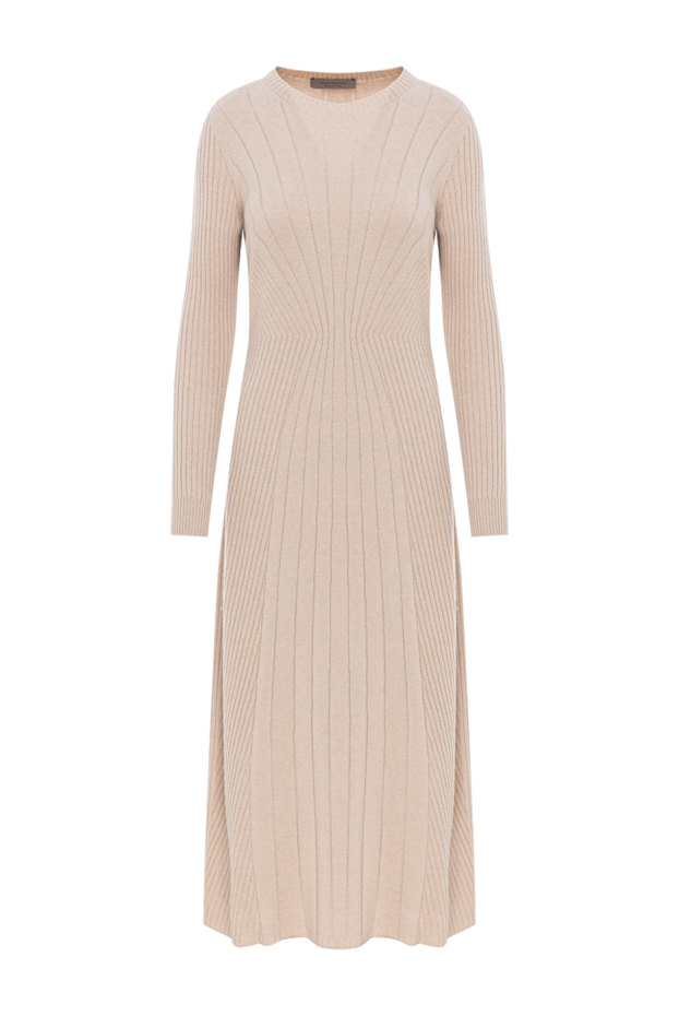 Beige ribbed dress with long sleeves and a round neckline - photo 1