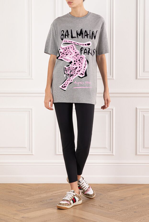 Balmain футболка с короткими рукавами и леопардовым принтом серая
 191720 - фото 2