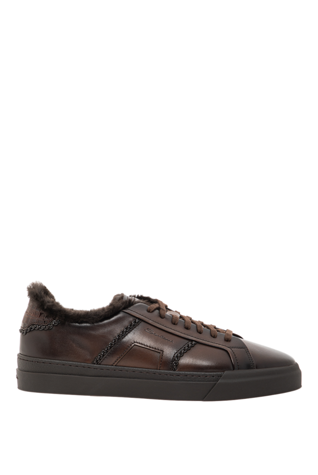 Santoni brown leather gloria sneakers with crocodile trim 191825 - photo 1