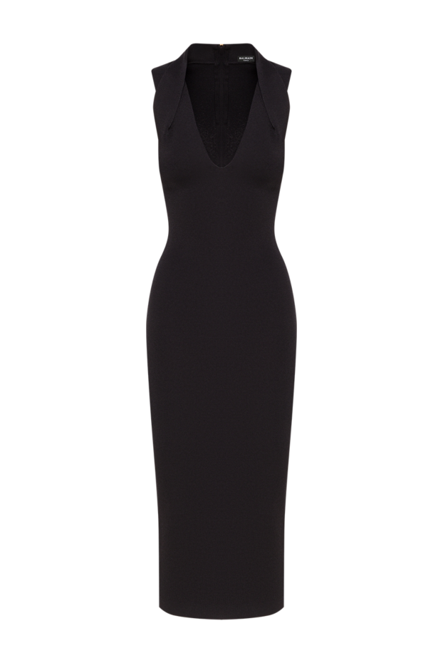 Balmain v-тәрізді жағасы және төмен қарай бүктелетін жағасы бар қара түсті, денеге жабысып тұратын миди көйлек 192259 - фото 1