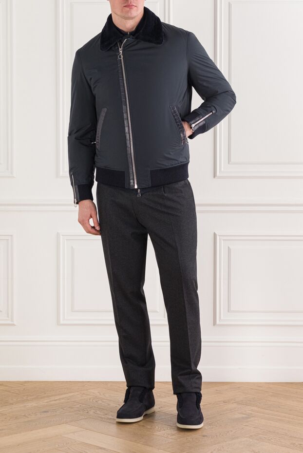 Seraphin men's blue aviator jacket with fur and crocodile leather inserts 192368 - photo 2