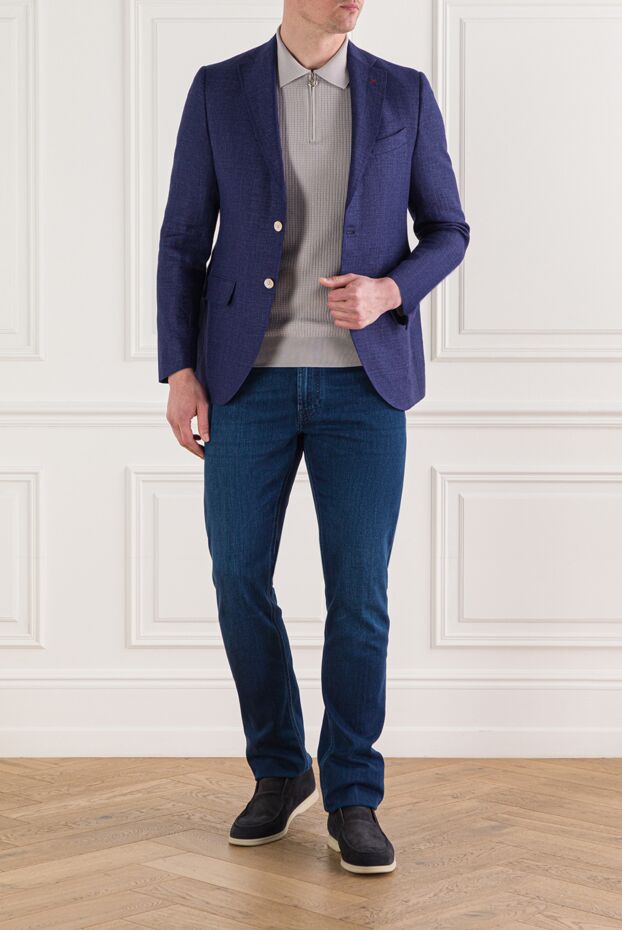 Stefano Ricci blue straight-leg jeans with a gold monogram on a leather patch 192404 - photo 2