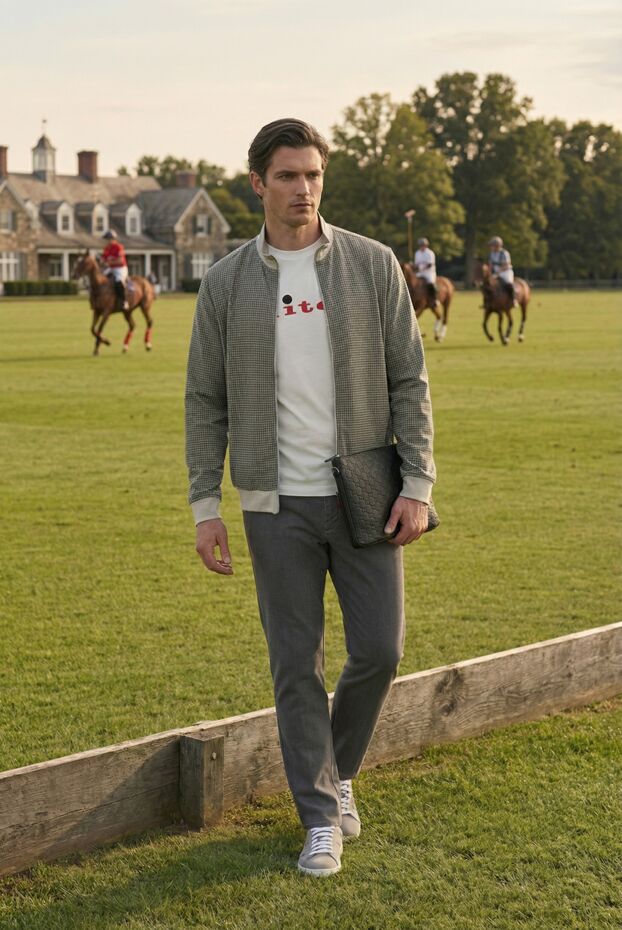 Kiton grey and white cotton bomber jacket with a small check pattern 192811 - photo 2
