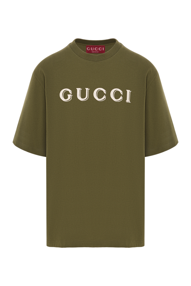 Gucci жасыл түсті ерлерге арналған мақтадан жасалған, кестеленген логотипі бар футболка 193260 - фото 1