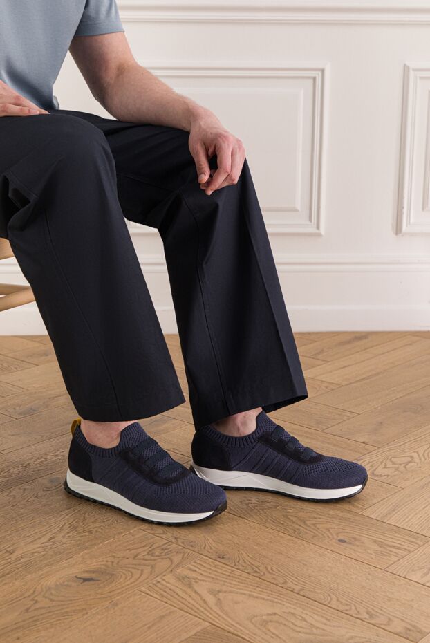 Doucal`s men's blue sneakers made of knitwear and genuine suede 193470 - photo 2