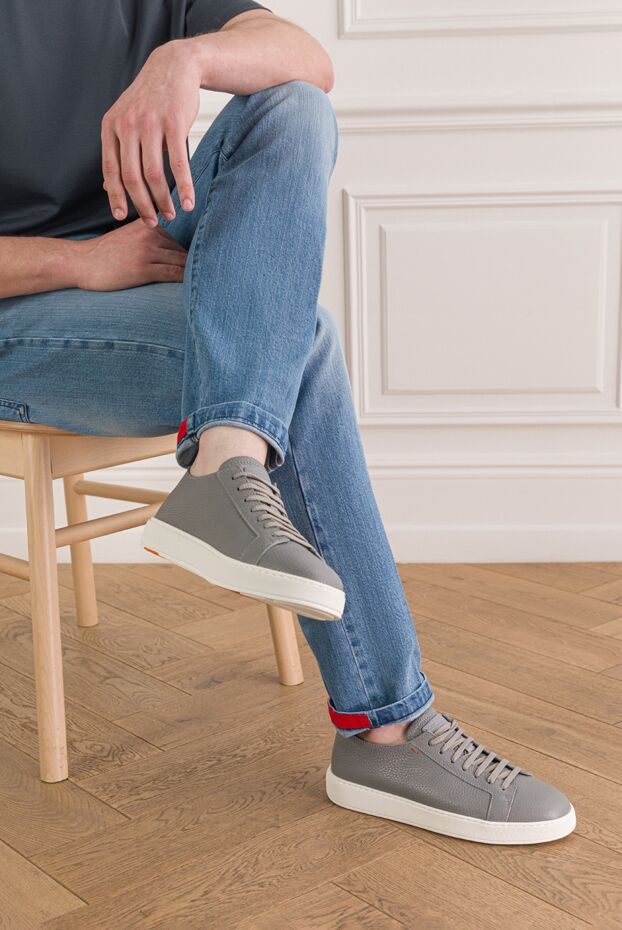 Santoni ақ табаны бар сұр түсті шынайы былғарыдан жасалған ерлерге арналған кроссовкалар 193503 - фото 2
