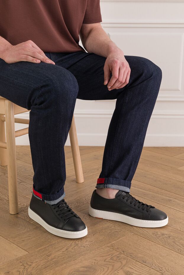 Santoni ақ табаны бар қара түсті шынайы былғарыдан жасалған ерлерге арналған кроссовкалар 193504 - фото 2
