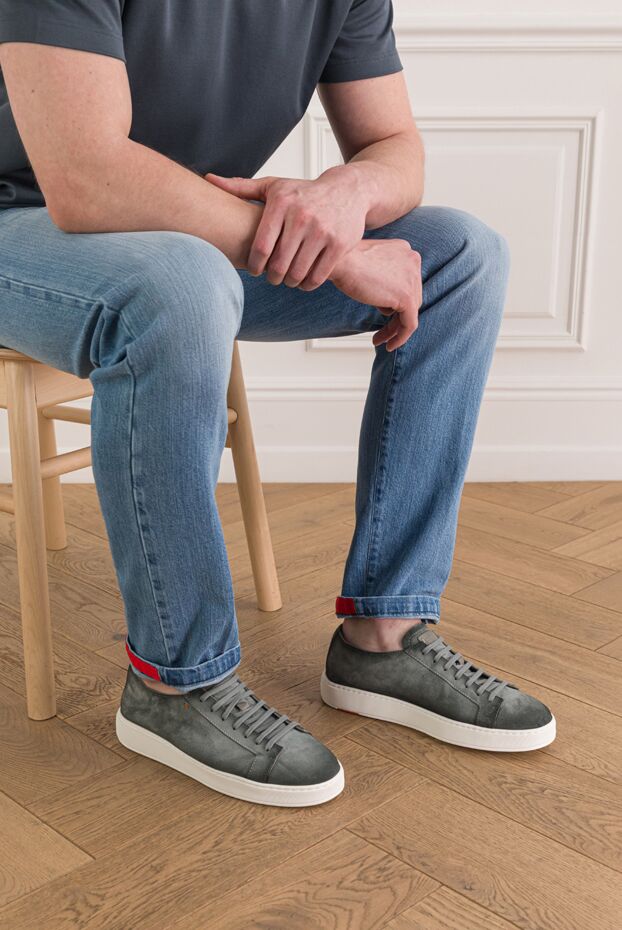 Santoni жұмсақ құрылымды жасыл патиналанған замшадан жасалған ерлерге арналған кроссовкалар 193507 - фото 2