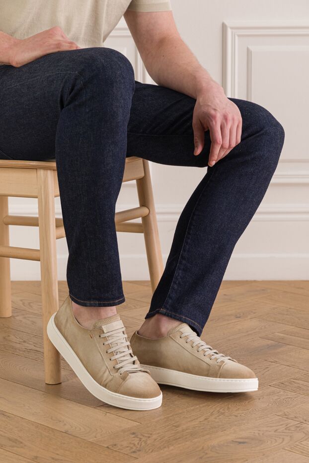 Santoni жұмсақ құрылымды бежевый түсті патиналанған замшадан жасалған ерлерге арналған кроссовкалар 193511 - фото 2