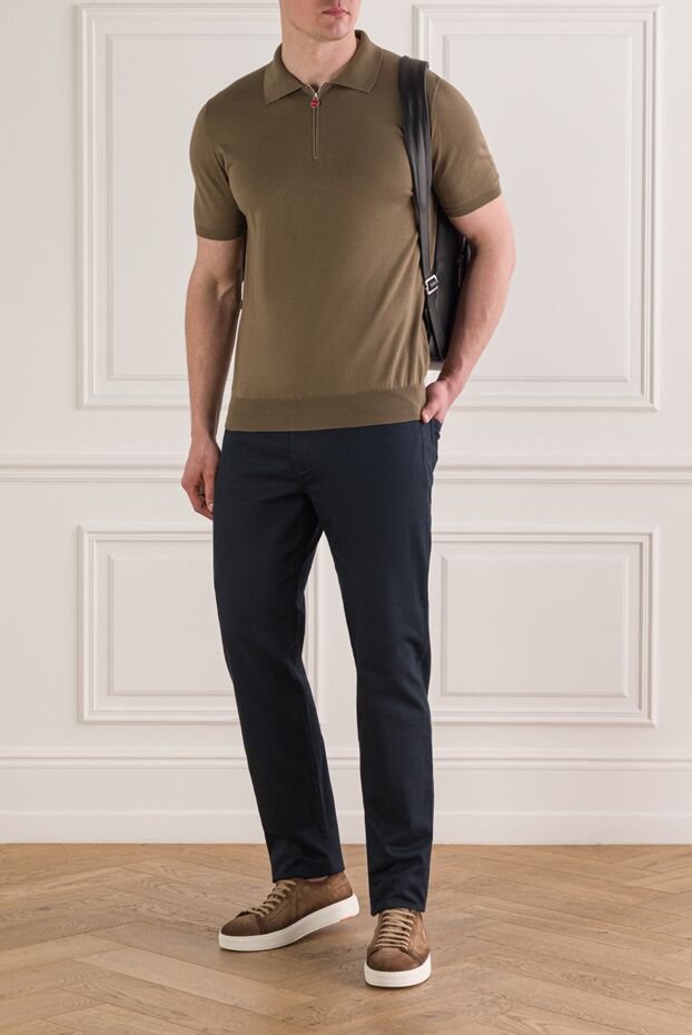 Kiton men's khaki cotton polo shirt with zip 193539 - photo 2