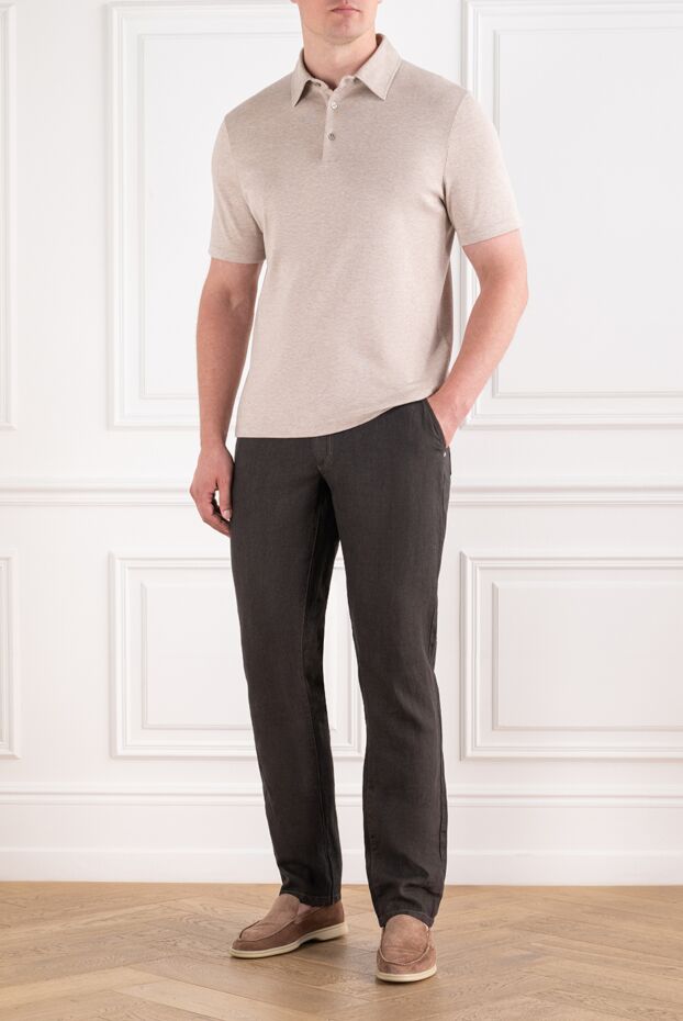 Zilli men's brown linen straight-leg trousers with pocket embroidery 193698 - photo 2