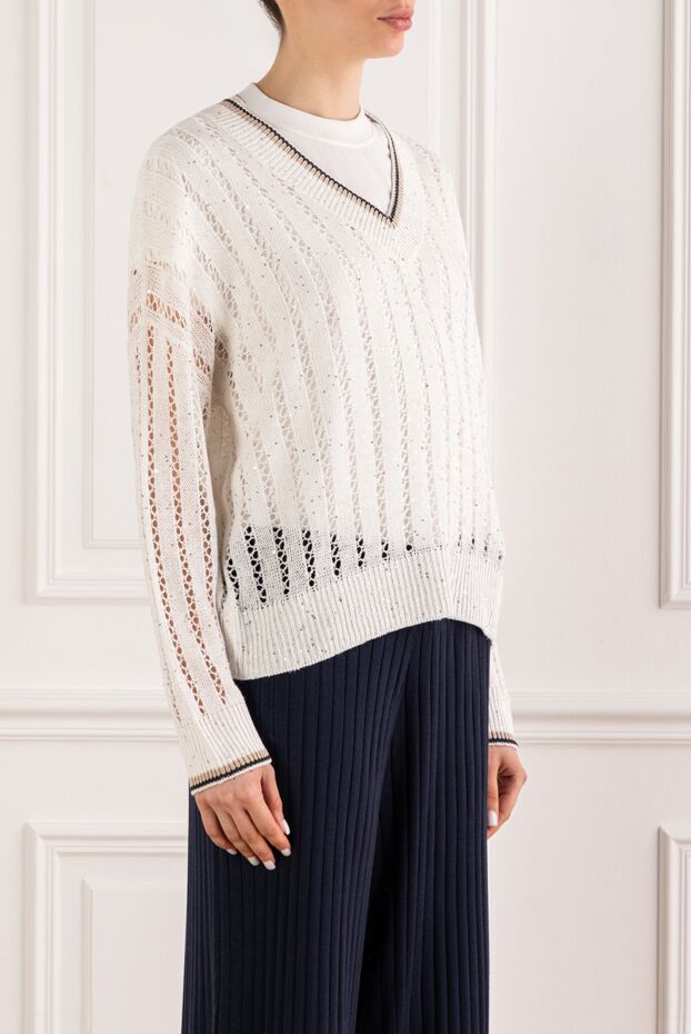 Brunello Cucinelli white women's openwork pullover made of linen yarn with the addition of sequins 193761 - photo 3