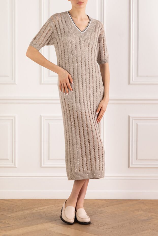 Brunello Cucinelli beige lace midi dress with striped linen trim 193762 - photo 2