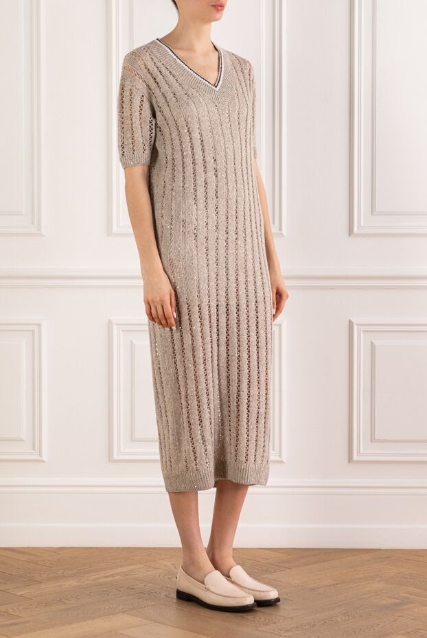 Brunello Cucinelli beige lace midi dress with striped linen trim 193762 - photo 3