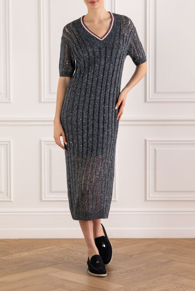 Brunello Cucinelli gray open knit linen dress with sequins 193763 - photo 2
