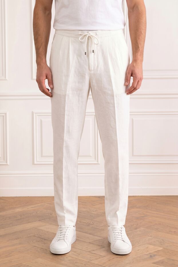 Brunello Cucinelli white men's linen drawstring trousers with darts 193982 - photo 2