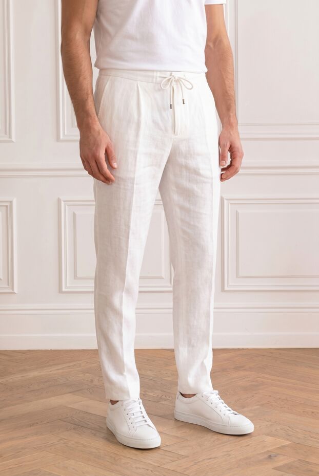 Brunello Cucinelli white men's linen drawstring trousers with darts 193982 - photo 1