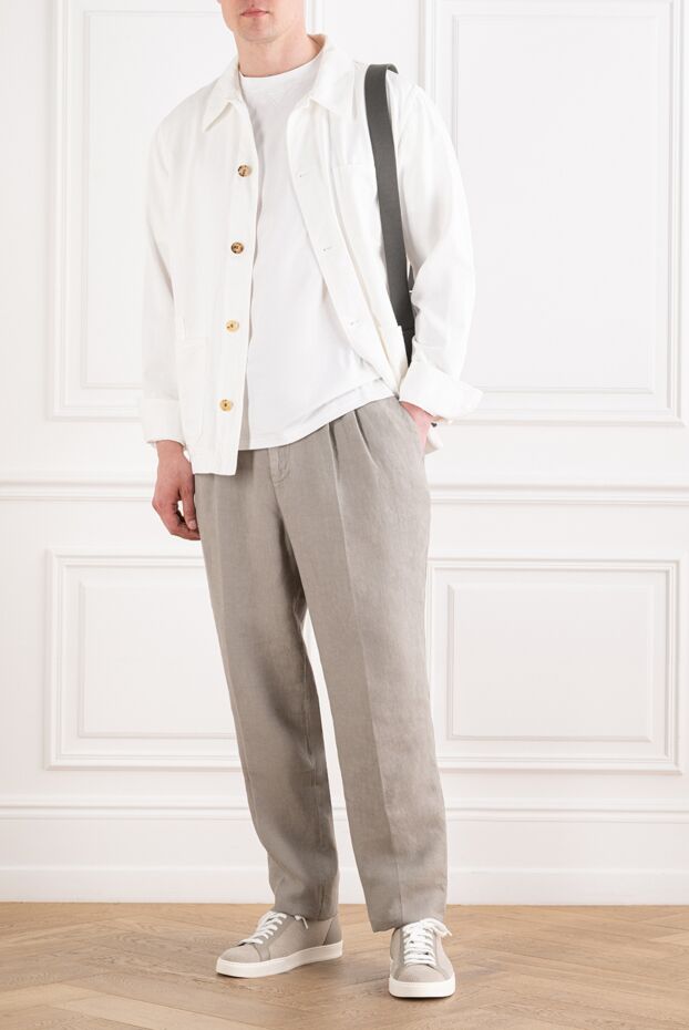 Brunello Cucinelli men's linen trousers with gray pleats and a drawstring 194994 - photo 2