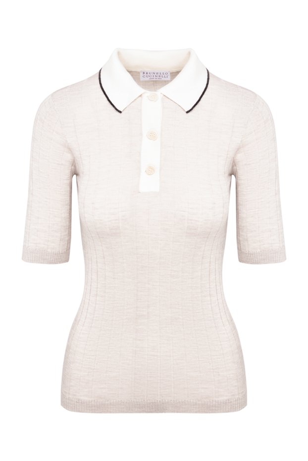 Brunello Cucinelli women's beige ribbed knit polo shirt made of wool and cashmere 195010 - photo 1