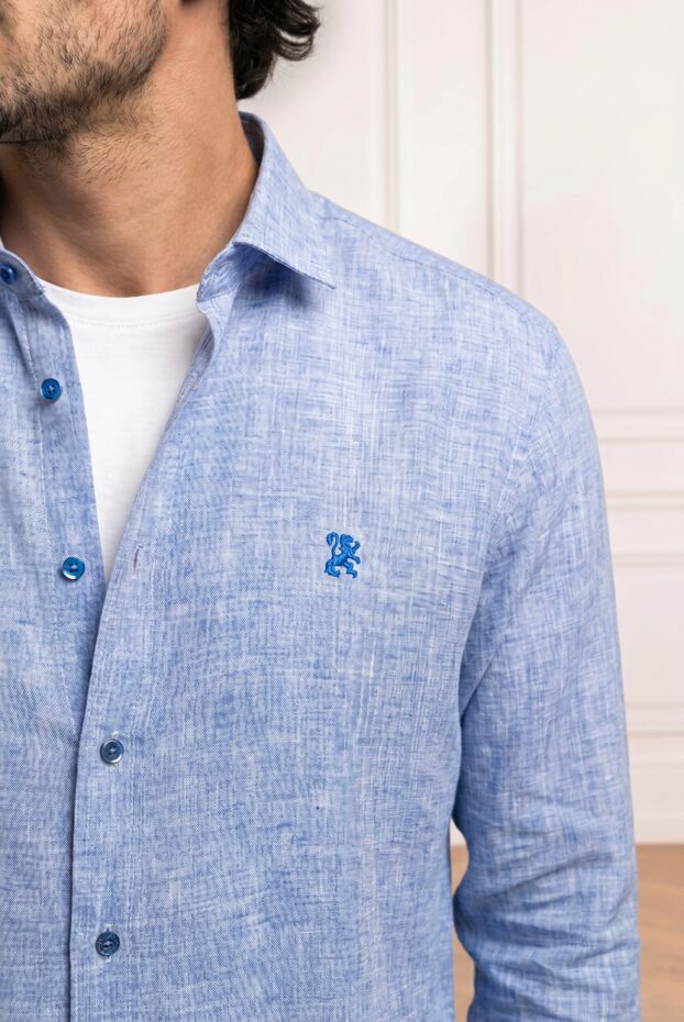 Men's melange light blue linen shirt with embroidery - photo 1