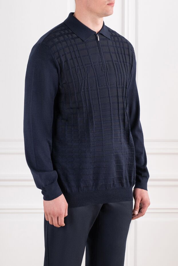 Zilli blue knit polo shirt with a textured geometric pattern and a logo on the zipper 195254 - photo 3