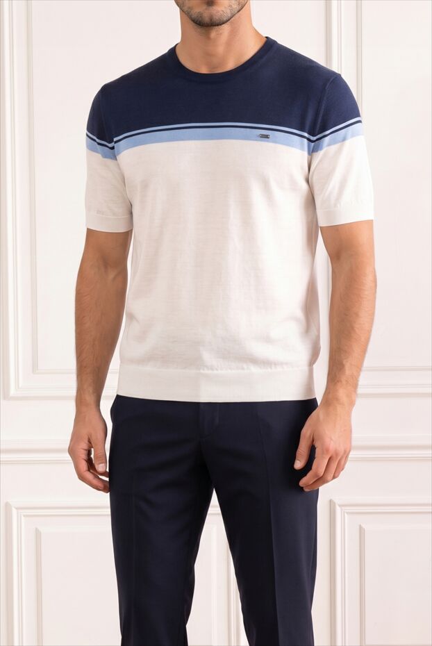 Three-color dark blue knitted jumper with milky and short sleeves - photo 1