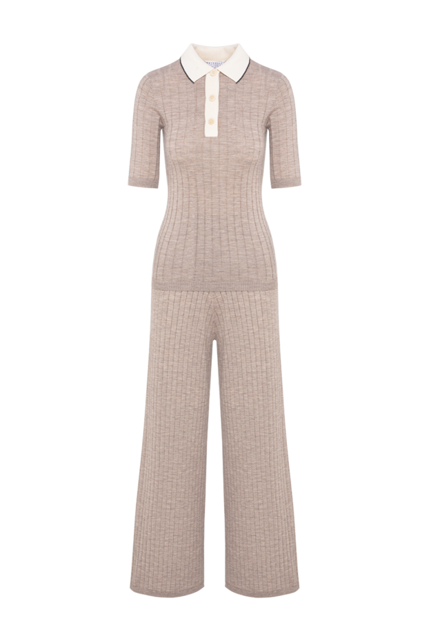 Brunello Cucinelli beige knit suit with ribbed polo shirt and wide-leg trousers 195460 - photo 1