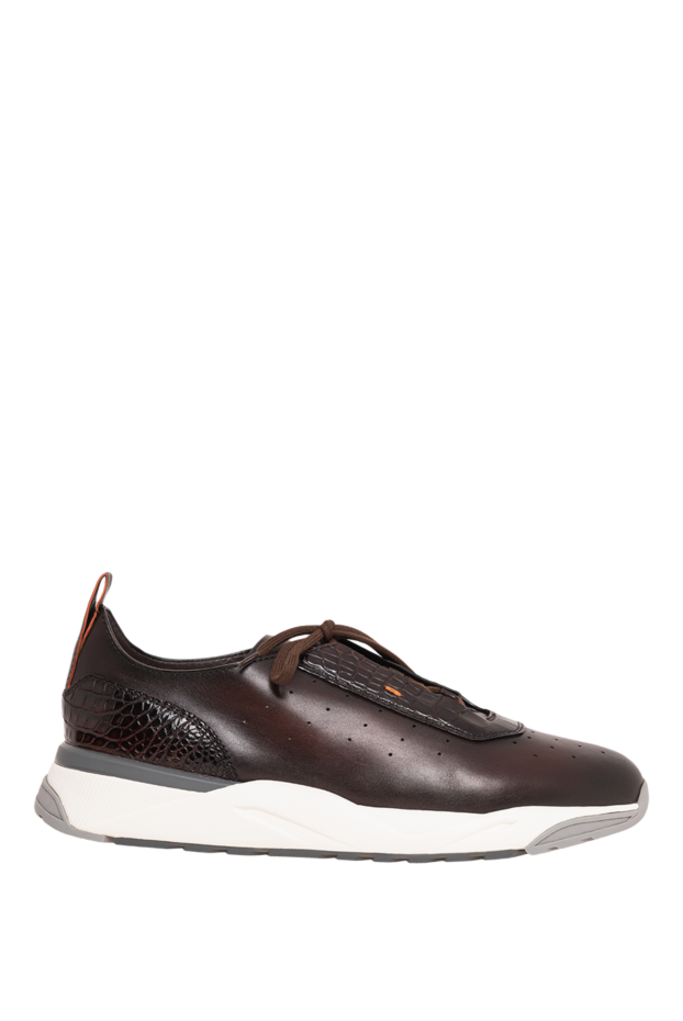 Santoni коричневые кожаные кроссовки с отделкой из крокодила и оранжевым акцентом 195879 - фото 1