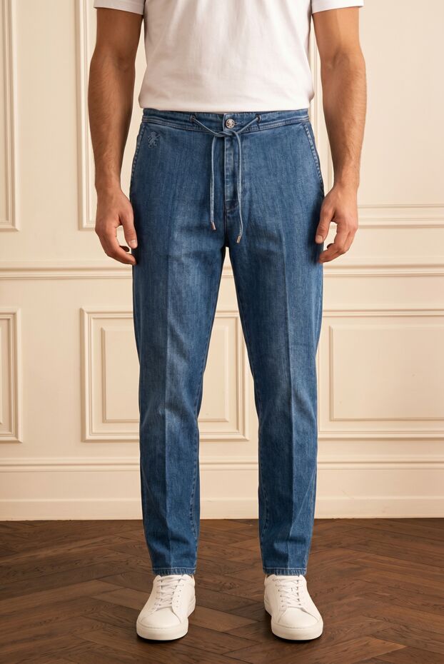 Men's light blue jogger jeans with embroidered lion - photo 1