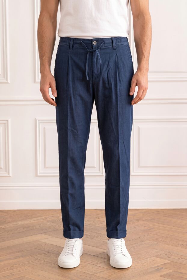 Men's premium dark blue cotton trousers with elastic waistband and flaps - photo 1