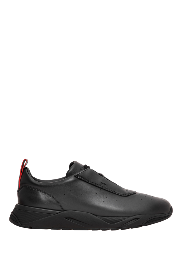 Santoni мужские черные кожаные кроссовки с потайной шнуровкой и рельефной подошвой 196655 - фото 1